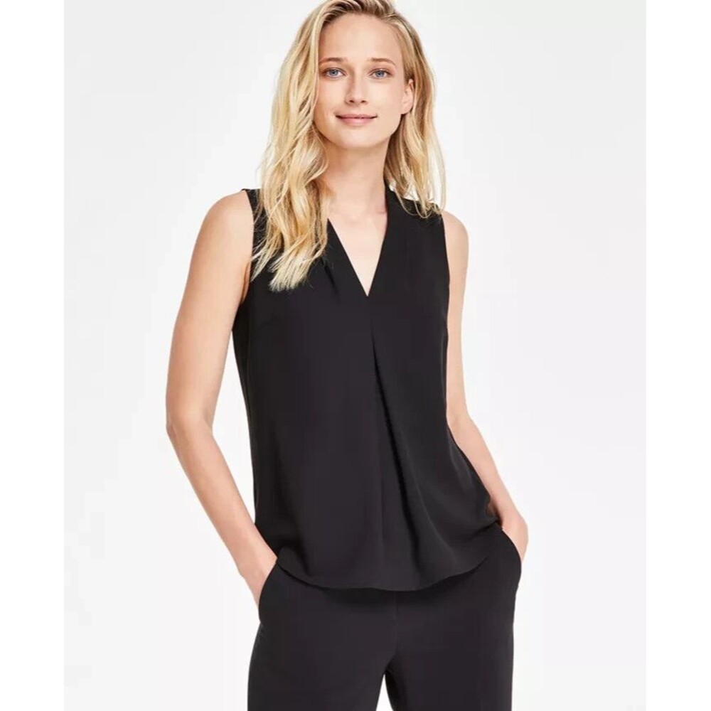 Anne Klein Women's Formal Casual Pleated Sleeveless V Neck Blouse Black L